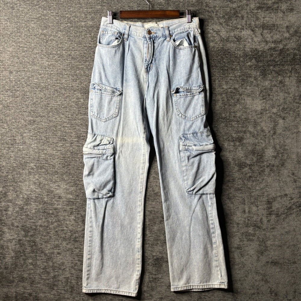 Altar'd State Light Wash High Rise Cargo Jeans Waist Size 28 Straight Leg Denim